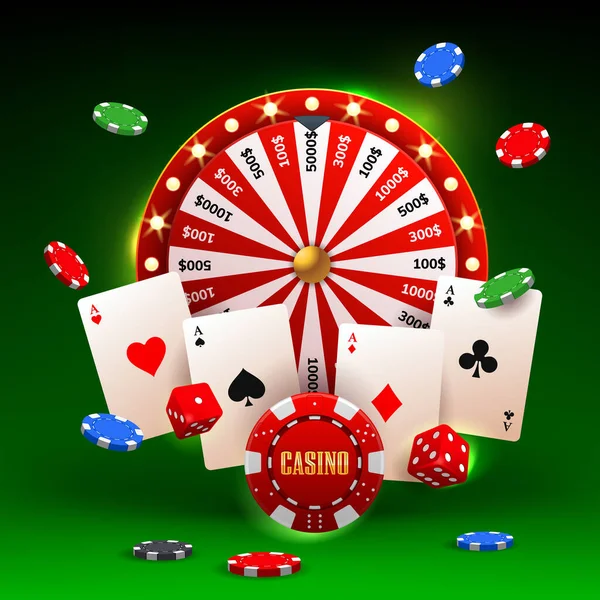 Casino Konzept Mit Rotem Glücksrad Spielkarten Würfeln Und Fliegenden Chips — Stockvektor