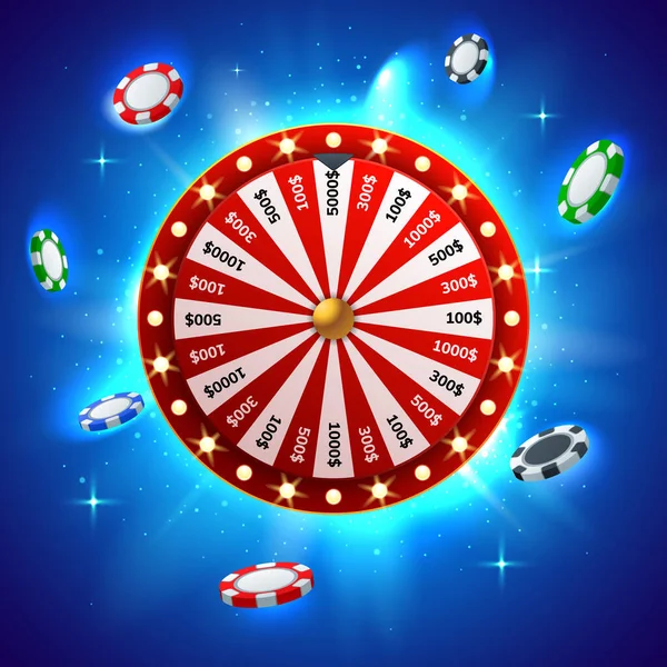 Red Wheel Fortune Flying Chips Hot Blue Background Casino Game — Stock Vector