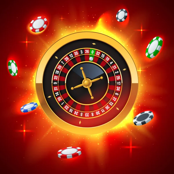 Rulett Kerék Chipekkel Forró Vörös Háttérrel Győzelem Szerencse Rulett Szerencsejáték — Stock Vector