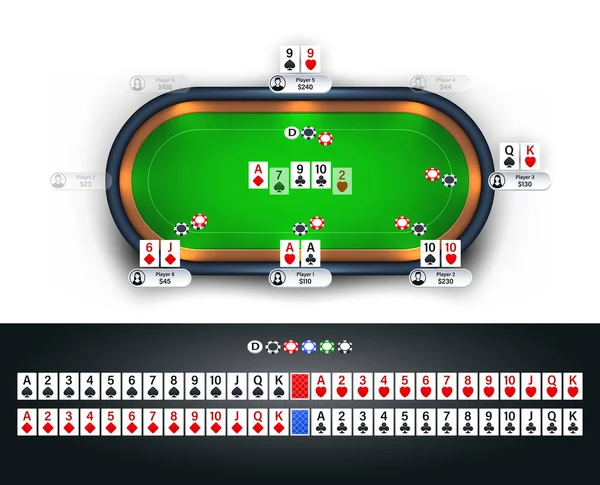 Izolovaný Pokerový Stůl Plným Balíčkem Karet Pokerových Žetonů Texas Hold Stock Vektory