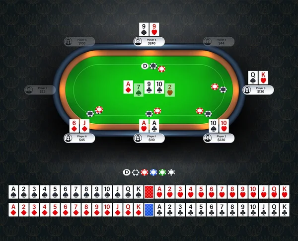 网上扑克室 满满的扑克和扑克筹码 Texas Hold Em在线游戏概念示例 现实的扑克表矢量示例 图库插图