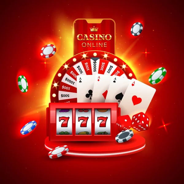 Online Kasino Koncept Červeným Kolem Štěstí Hrací Karty Hrací Automat Stock Vektory