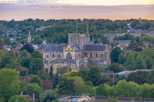 stock image Winchester - June 02 2022: Majestic Cathedral of the medieval town of Winchester in Wessex, England.