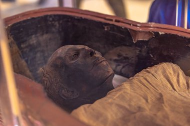 Kahire, Mısır - 13 Kasım 2021: Kahire 'deki Kahire Müzesi' nde mumyalar, Mısır 'daki Kahire Müzesi' nde mumyalar