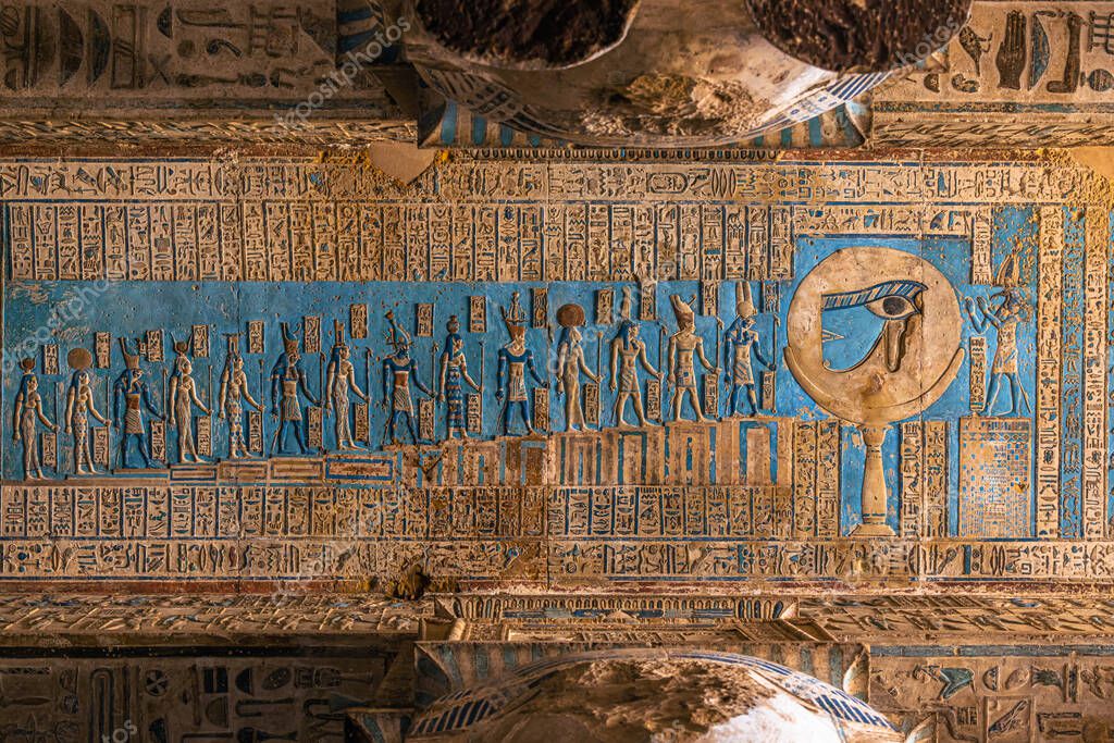 Dendera, Egypt - November 17, 2021: Carving details inside the great ...