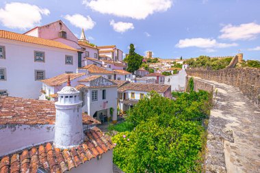 Obidos - 29 Haziran 2021: Portekiz 'in ortaçağ kenti Bidos' un sokak manzarası