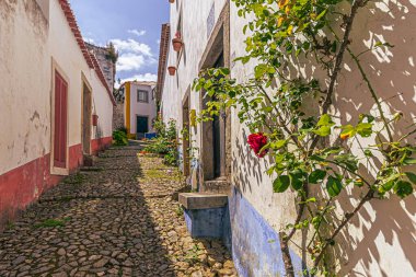 Obidos - 29 Haziran 2021: Portekiz 'in ortaçağ kenti Bidos' un sokak manzarası