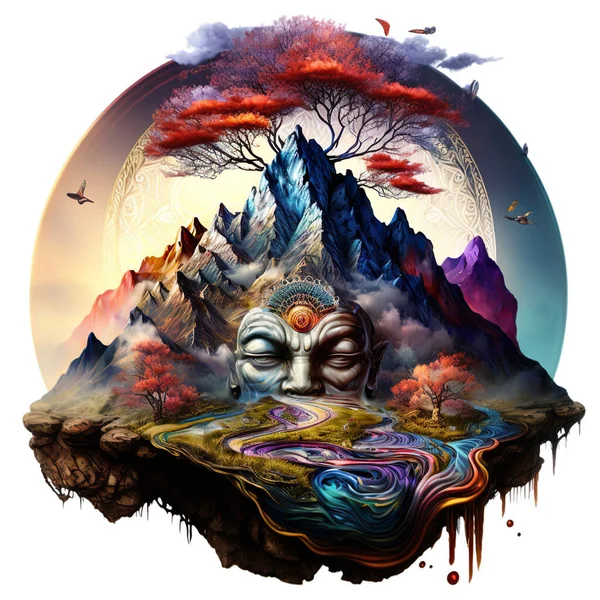 Psychedelisch Spirituelle Surreale Landschaft Mit Riesigen Pilzen Und Buddhistischen Elementen — Stockfoto