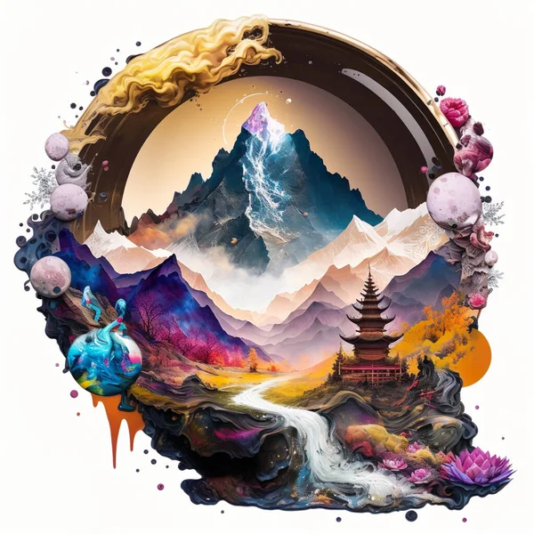 Psychedelisch Spirituelle Surreale Landschaft Mit Riesigen Pilzen Und Buddhistischen Elementen — Stockfoto
