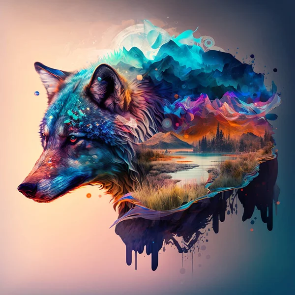 Surreale Psychedelische Lebendige Bunte Epos Wolf Tier Der Dschungel Kunst — Stockfoto