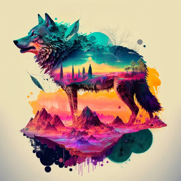 Surreal Psychedelic Pulzující Barevné Epické Wolf Zvíře Džungli Umění — Stock fotografie