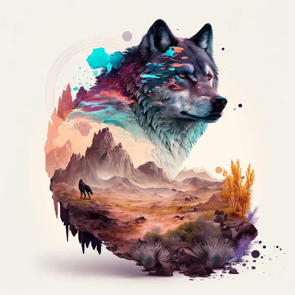 Surreal Psychedelic Vibrant Colorful Epic Wolf Animal Jungle Art — Stock Photo, Image