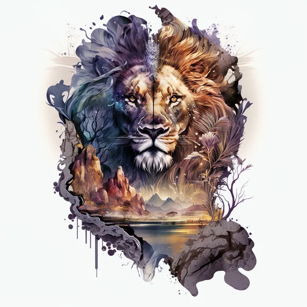 Surreal Psychedelic Vibrante Colorido Leão Rei Arte Fotografias De Stock Royalty-Free