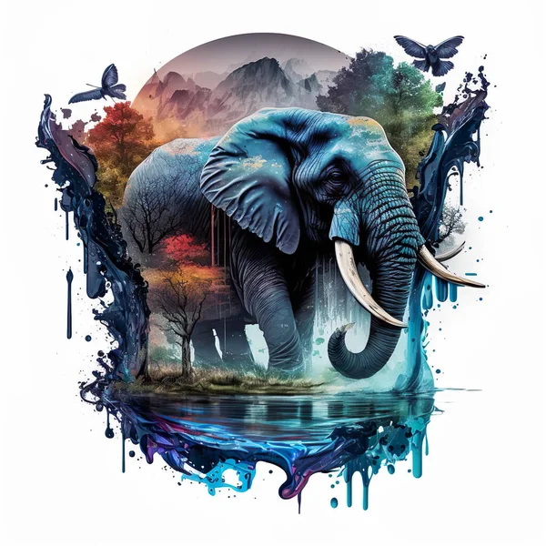 Surreal Psychedelic Vibrante Colorido Elefante Maciço Animal Arte Selva Fotografias De Stock Royalty-Free