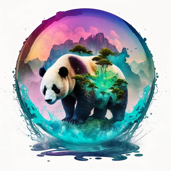 Panda Géant Psychédélique Dans Paysage Trippy Vibrant Coloré Surréaliste Images De Stock Libres De Droits