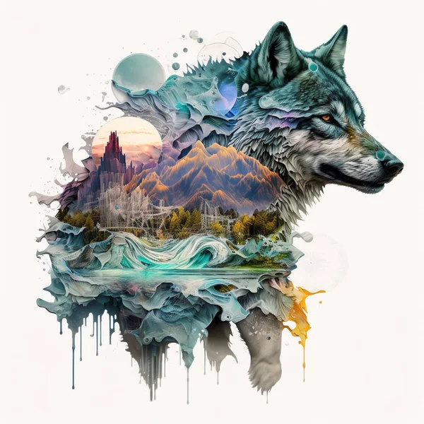Surrealista Psicodélico Vibrante Colorido Épico Lobo Animal Arte Selva Imágenes De Stock Sin Royalties Gratis