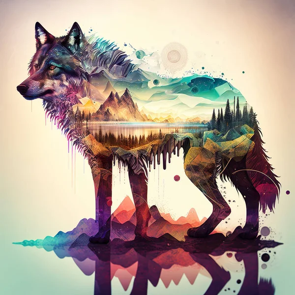 Surrealista Psicodélico Vibrante Colorido Épico Lobo Animal Arte Selva Fotos De Stock