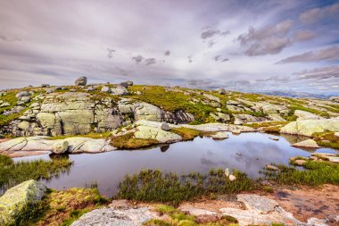 Kjerag, Norveç - 5 Temmuz 2023: Norveç 'in güneyindeki ünlü Kjerag yürüyüşünün destansı dağ manzarası