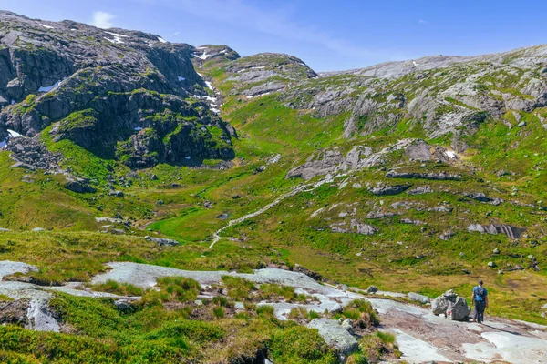 stock image Kjerag, Norway - July 5th, 2023: The epic mountain landscape on the famous Kjerag hike in southern Norway