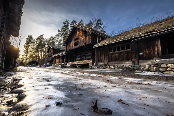 stock image Oslo - February 11 2023: Traditional Scandinavian buildings in the Oslo Open air Museum in Oslo, Norway