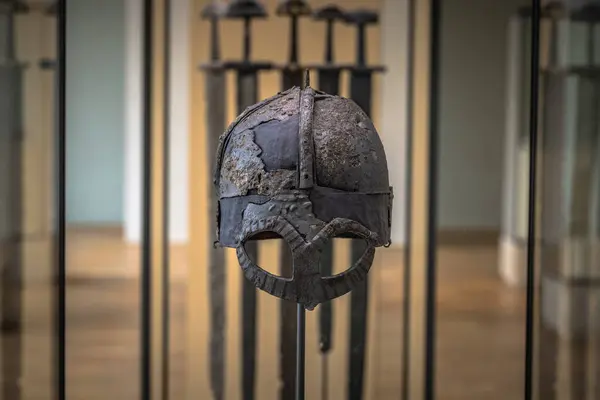 stock image Oslo - February 12 2023: Ancient Viking helmet in the Historical Museum of Oslo, Norway