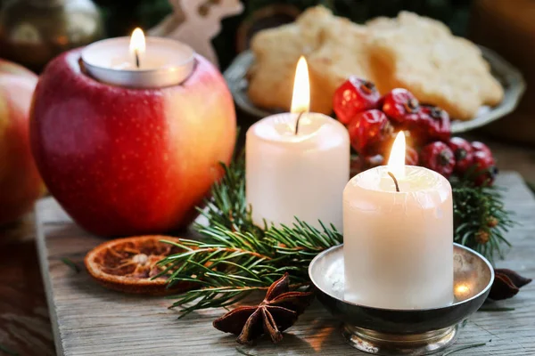 Beautiful Candles Other Traditional Christmas Decorations Table Festive Time — Stock Photo, Image