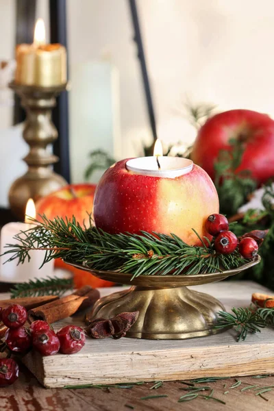 Christmas Decoration Apple Candle Branches Fir Step Step Tutorial — Stock Photo, Image