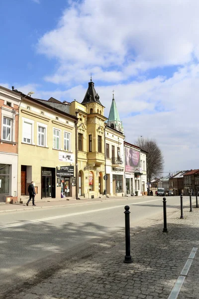 Kleurrijke Woningen Aan Het Oude Stadsplein Brzesko Polen — Stockfoto