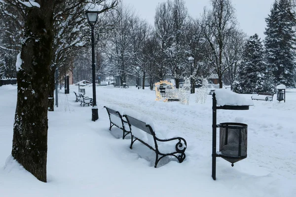 Πάγκοι Και Σοκάκια Στο Πάρκο Εντελώς Καλυμμένα Χιόνι Στη Rabka — Φωτογραφία Αρχείου