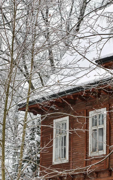 Fasada Starego Drewnianego Domu Pośród Drzew Pokrytych Śniegiem Krajobraz Zimowy — Zdjęcie stockowe