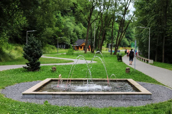 Water health path with fountains of various health effects in Rabka-Zdroj, Poland.
