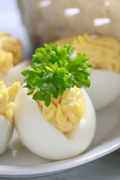 A stuffed eggs on the table. Party dish
