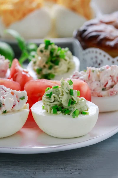 A stuffed eggs on the table. Party dish