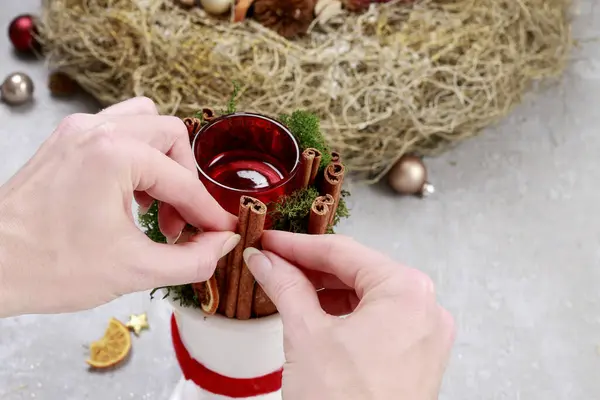 How to make candle decorated with cinnamon sticks - step by step, tutorial