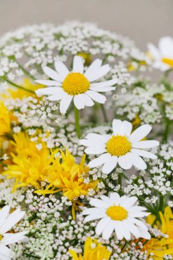 Papatyalı buket ve gümüş teneke içinde diğer kır çiçekleri, boşluğu kopyalayın. Yaz çiçekleri