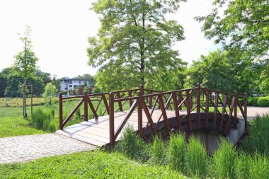 Sıcak bir yaz gününde parktaki tahta köprü..