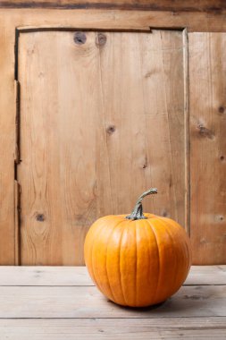 Tahta masada tek bir balkabağı. Sonbahar sebzeleri