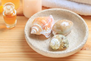 Bir kase üzerinde deniz kabuğu seti. Arka planda havlular ve kozmetik ürünler var. Spa zamanı