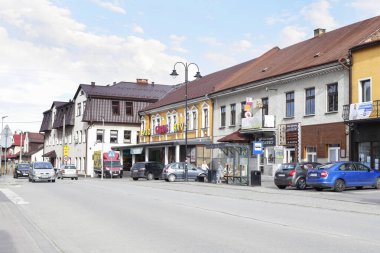 Polonya 'nın eski Czarny Dunajec kasabasındaki renkli konutlar.