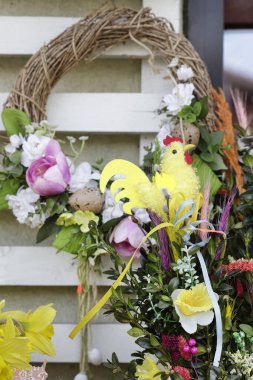 Tavuk, buxus ve nergisli Paskalya süslemesi. Şenlikli parti dekorasyonu