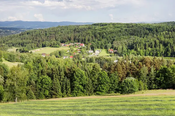 Vadideki köyün güzel manzarası, tepelerdeki ormanların arasında. Turistler için tatil yeri