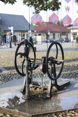 STARY SACZ, POLAND - 23 Haziran 2024 Stary Sacz pazar meydanında antik bir kuyu. Turistler için tatil yeri