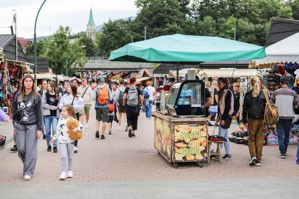 ZAKOPANE, POLAND - 22 AĞUSTOS 2024: Polonya 'nın Zakopane kentindeki Gubalowka' ya giden teleferiğin alt istasyonunda turistlerin ilgisini çekiyor. Turistler için tatil yeri