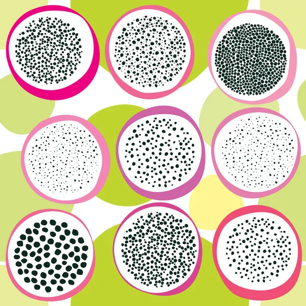 Pitahaya Frutta Senza Soluzione Continuità Ripetizione Modello Cerchi Colorati Punti — Vettoriale Stock