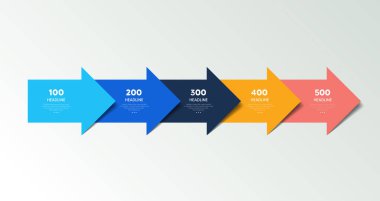 Sunum için beş adım ok şablonu. 4 adım seçenekleri, ögeler, bilgi grafiği.