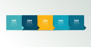 Sunum için beş adım ok şablonu. 4 adım seçenekleri, ögeler, bilgi grafiği.