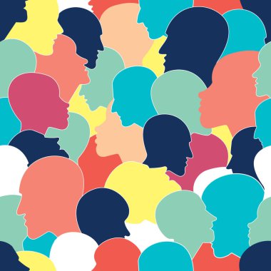 Farklı etnik gruplardan gelen bir çok kişinin kafalarının kusursuz bir kalıbı var. Vektör arkaplanı.