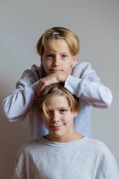 Two Happy Boys Happy Brothers Who Seriosly Happily Together Brothers — Stockfoto