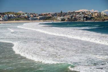 Sydney 'deki altın renkli kumlu kumlu plaj. Bondi plajı sörfçüler için mükemmel bir yer çünkü sürekli yükselen yüksek dalgalar var..