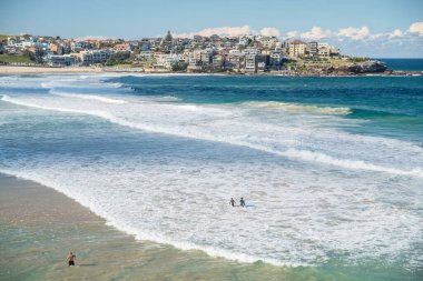 Sydney 'deki altın renkli kumlu kumlu plaj. Bondi plajı sörfçüler için mükemmel bir yer çünkü sürekli yükselen yüksek dalgalar var..